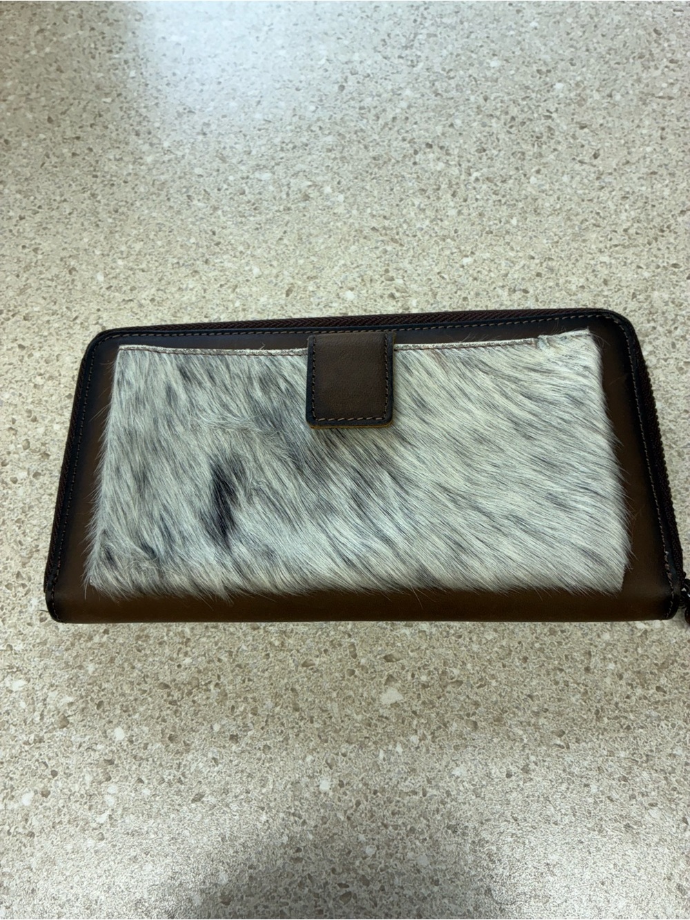 STS Ranchwear Brown Leather & White/Gray Hair-on Hide Zip Wallet